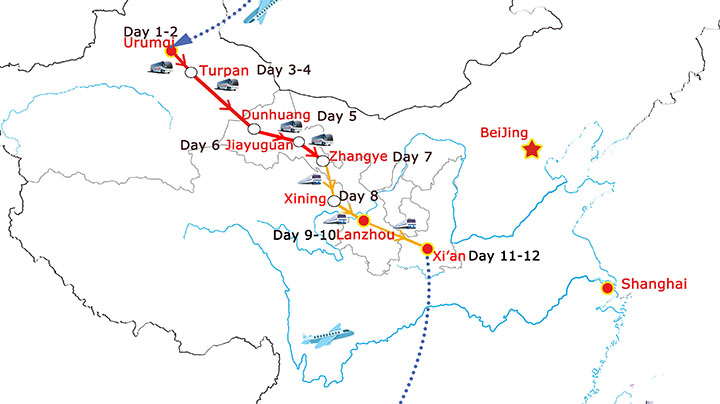 12 Days Silk Road Travel to Qinghai-Gansu and Xinjiang Map